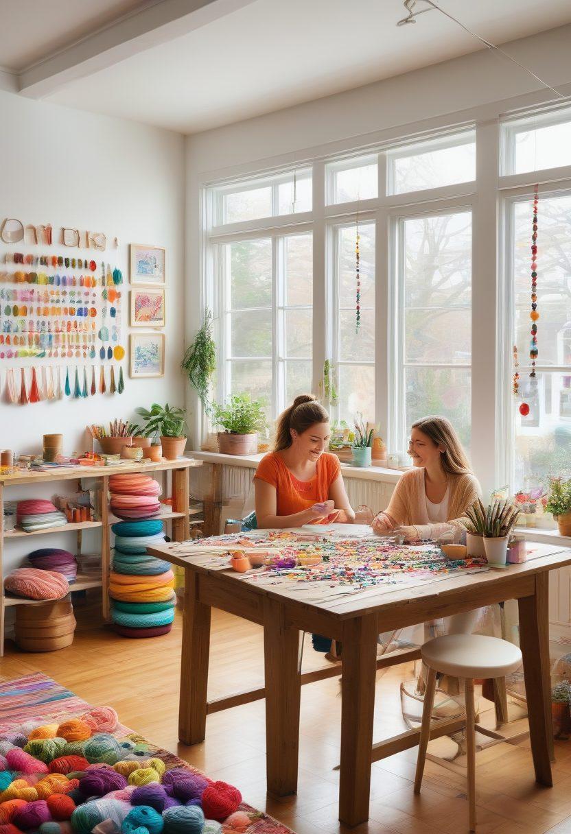 A vibrant and cozy workspace filled with a variety of DIY projects and crafts, such as colorful yarn, beads, paints, and handmade jewelry, with a group of young women enthusiastically working and laughing. A large wooden table in the center, natural light streaming through the windows, and inspirational quotes on the wall. vector art. vibrant colors. white background.