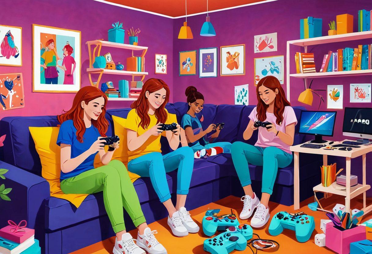 An energetic and vibrant scene of young women enjoying video games, showcasing colorful fashion styles from trendy outfits to DIY accessories in a playful environment. They are surrounded by craft supplies, game controllers, and fashion items, emphasizing creativity and joy. Vector art. vibrant colors. playful and dynamic setting.
